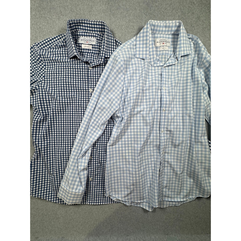 Lot of 2 Mizzen Main Leeward Gingham Dress Shirts Navy Light Blue Large Trim Fit